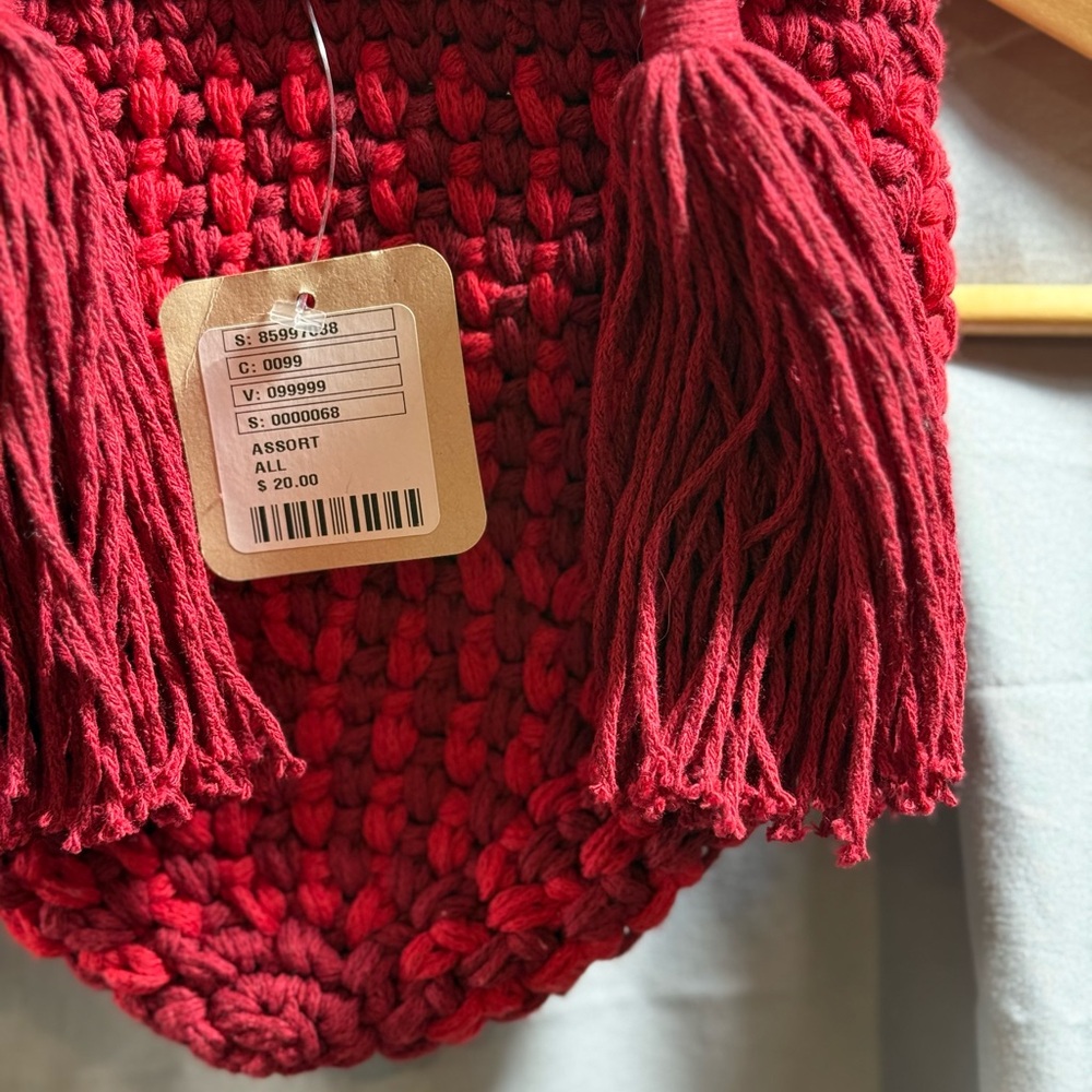 NWT BINGE Red Crochet Mini Bag With Tassels Boho Handmade Chic - Picture 11 of 15
